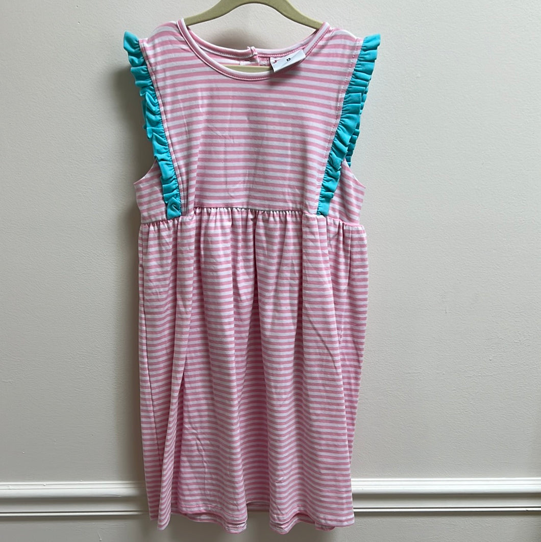 Jellybean pink stripe with aqua ruffle dress