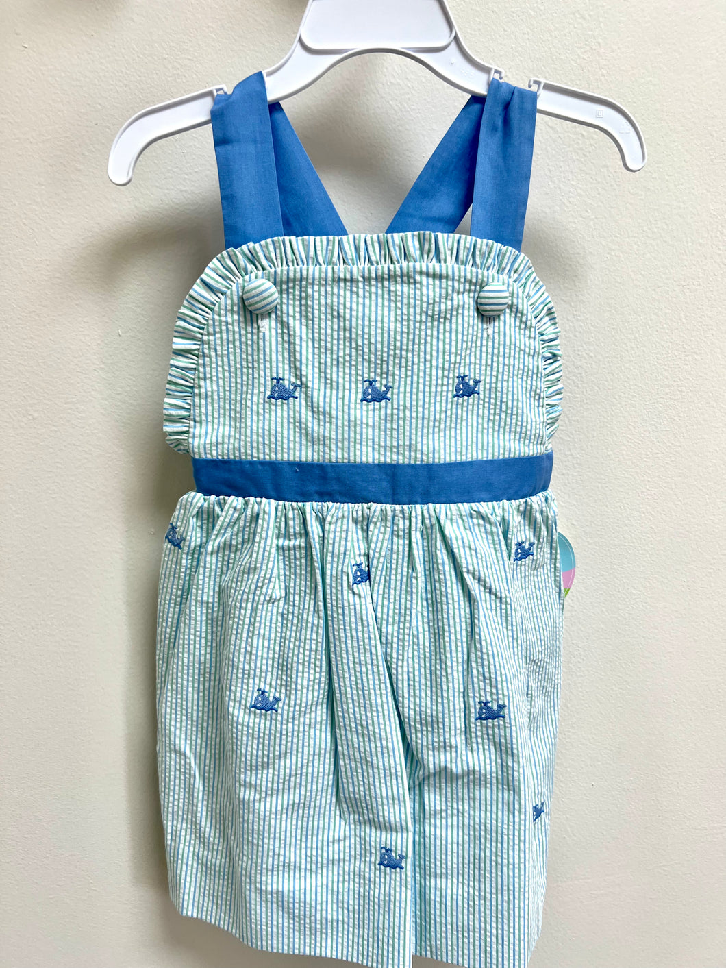 Whale Bibble dress seersucker stripe mint & light blue