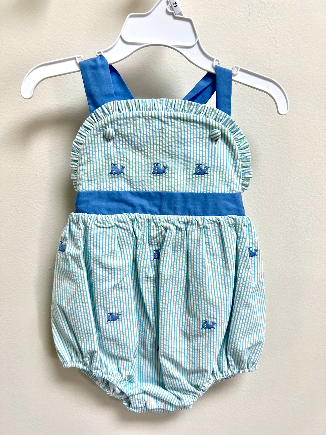 Whale bibble bubble seersucker stripe mint & light blue sleveless