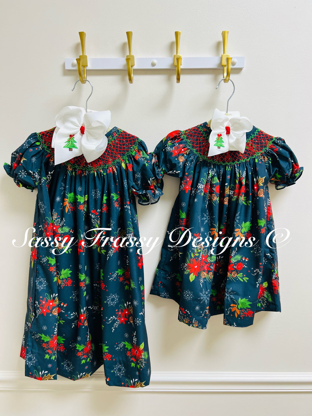 Christmas Floral Smocked Bishop Dress