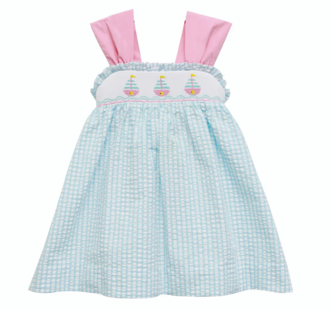 Sailboat briley dress seersucker check turquoise sleeveless